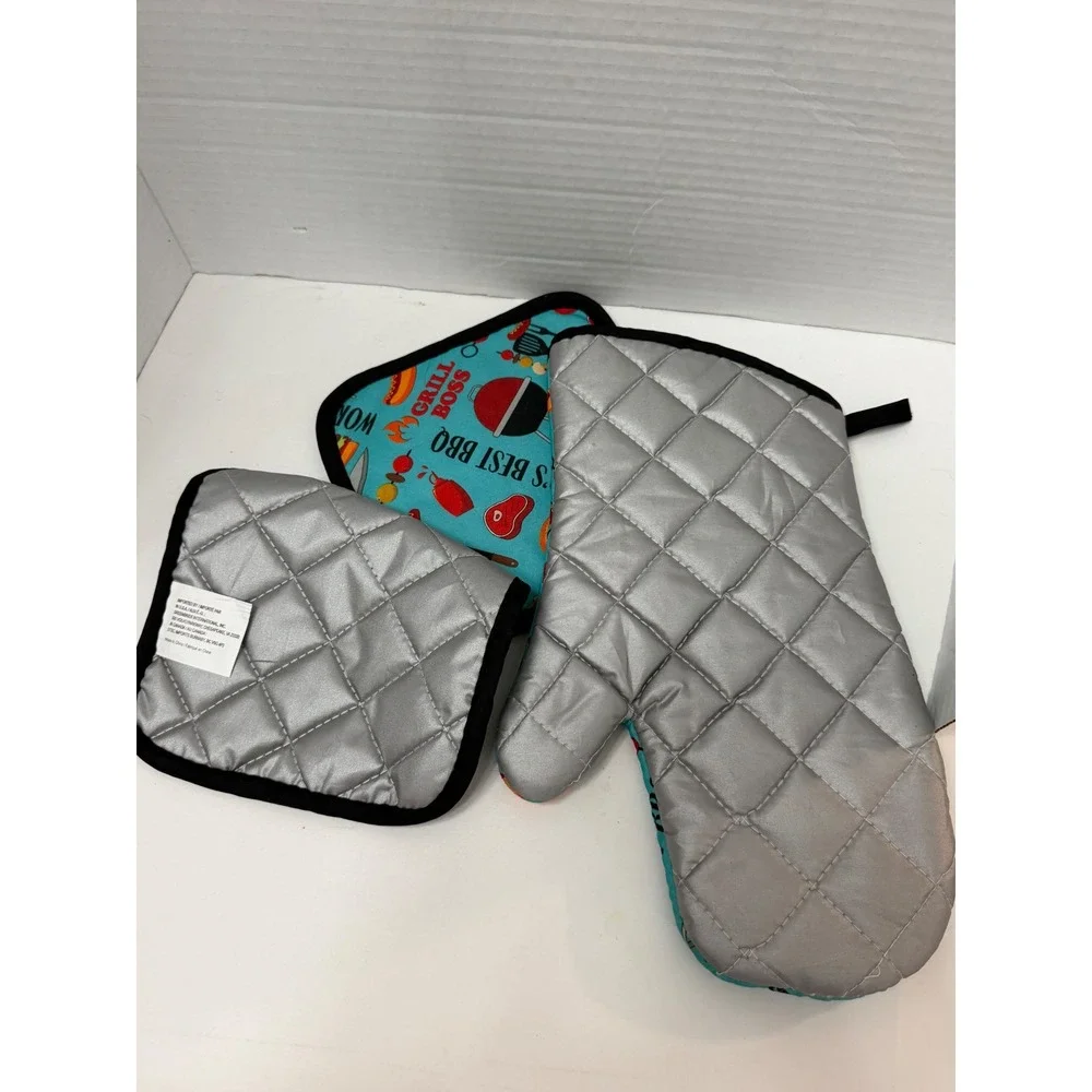 Home Collection Grill Boss BBQ Oven Mitt and Pot Holder Set 3pc Teal NEW
